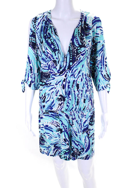 Lilly Pulitzer Womens Spotted Print Slit 3/4 Sleeve V-Neck Romper Blue Size S