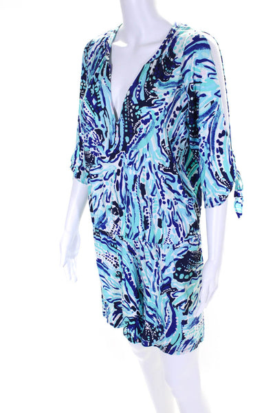 Lilly Pulitzer Womens Spotted Print Slit 3/4 Sleeve V-Neck Romper Blue Size S