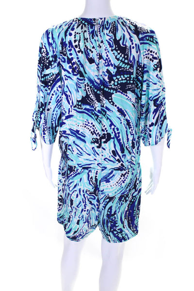 Lilly Pulitzer Womens Spotted Print Slit 3/4 Sleeve V-Neck Romper Blue Size S