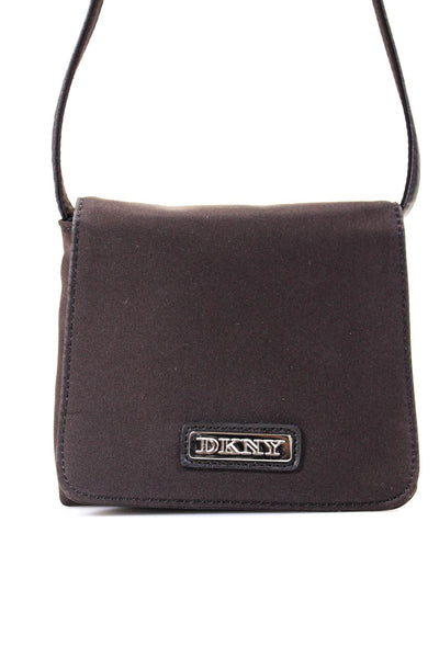 DKNY Womens Single Strap Logo Flap Mini Crossbody Handbag Brown Nylon