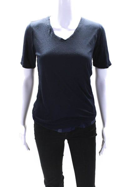 Burberry London Womens Jersey Knit V-Neck Short Sleeve Layered Top Blue Size XS