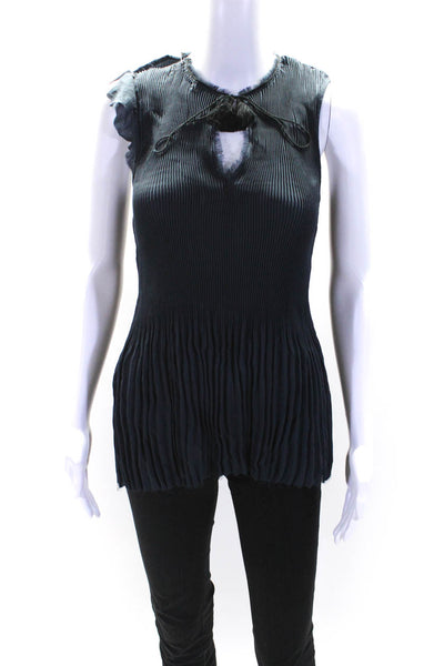 Elie Tahari Womens Accordion Pleat Y Neck Sleeveless Top Blouse Navy Size Small