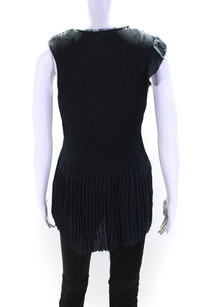 Elie Tahari Womens Accordion Pleat Y Neck Sleeveless Top Blouse Navy Size Small