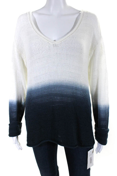 Michael Stars Womens Long Sleeves V Neck Sweater White Blue Cotton Size 2