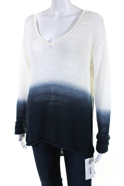 Michael Stars Womens Long Sleeves V Neck Sweater White Blue Cotton Size 2