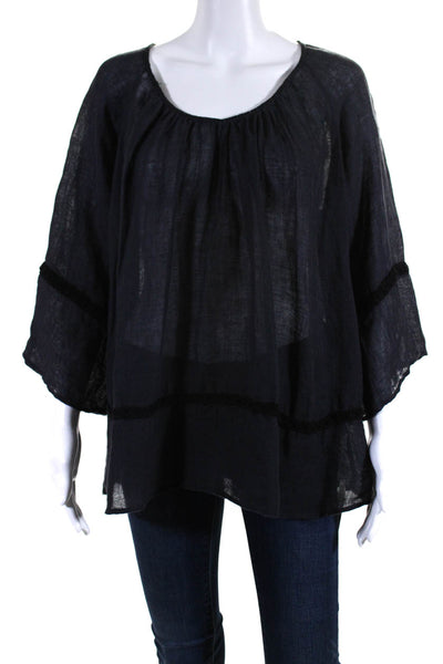 Calypso Saint Barth Womens Linen Long Sleeves V Neck Blouse Black Size Extra Sma