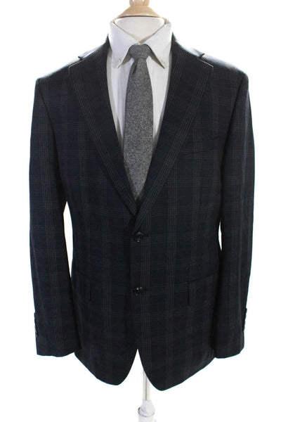 Tallia Mens Plaid Two Button Blazer Jacket Navy Blue Brown Wool Size 40