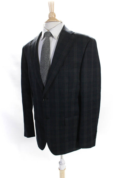 Tallia Mens Plaid Two Button Blazer Jacket Navy Blue Brown Wool Size 40