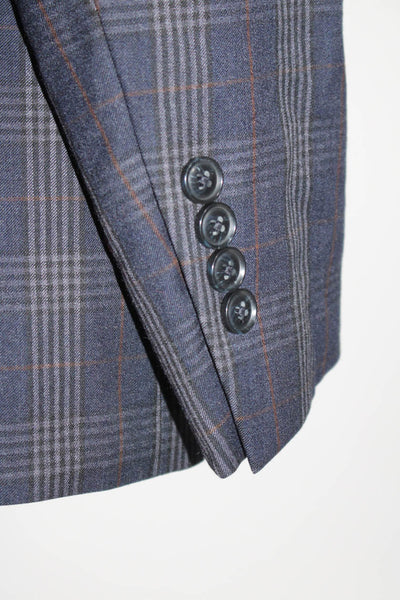 Tallia Mens Plaid Two Button Blazer Jacket Navy Blue Brown Wool Size 40