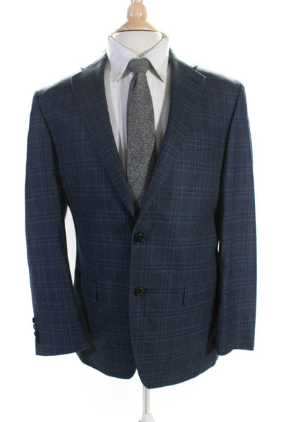 Lauren Ralph Lauren Mens Plaid Two Button Blazer Jacket Blue Silk Wool Size 38