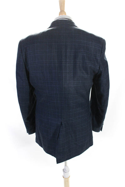 Lauren Ralph Lauren Mens Plaid Two Button Blazer Jacket Blue Silk Wool Size 38