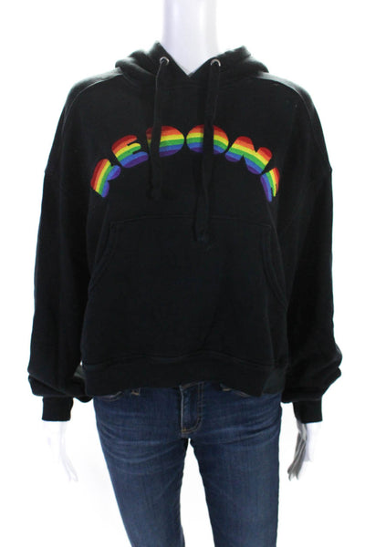 Re/Done Womens Cropped Rainbow Logo Hoodie Sweater Black Cotton Size Extra Small