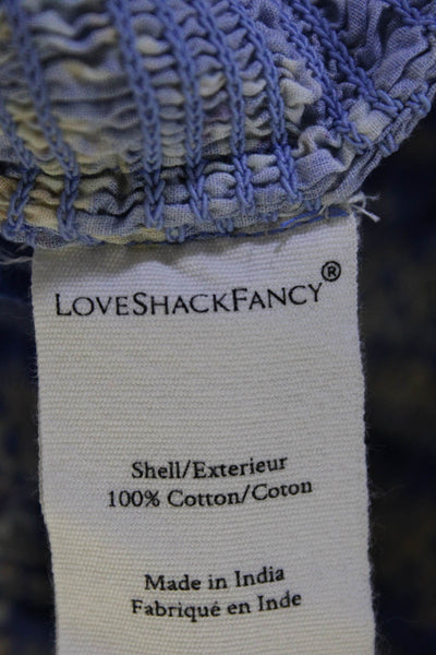 Love Shack Fancy Womens Cotton Floral Print Smocked Short Sleeve Top Blue Size S