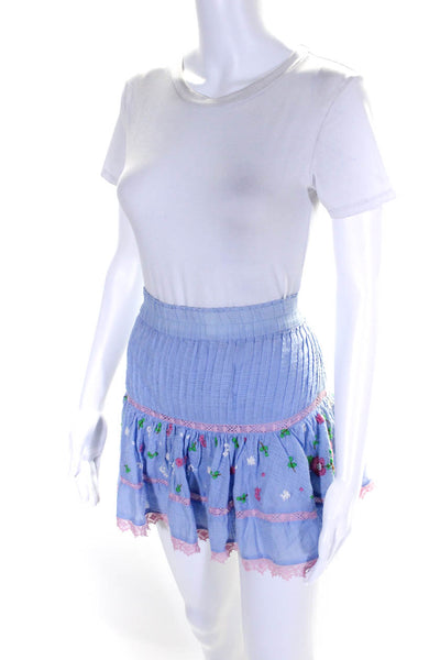 Love Shack Fancy Womens Cotton Floral Embroidery Lined Short Skirt Blue Size PP