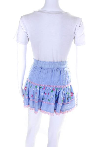 Love Shack Fancy Womens Cotton Floral Embroidery Lined Short Skirt Blue Size PP