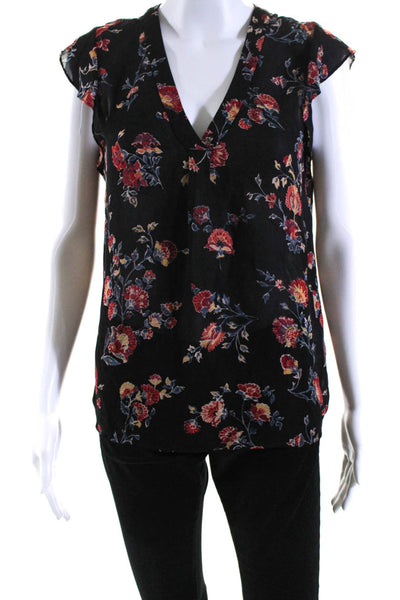 Joie Women's V-Neck Cap Sleeves Floral Silk Dressy Blouse Black Size XS