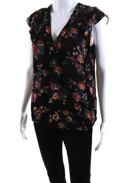 Joie Women's V-Neck Cap Sleeves Floral Silk Dressy Blouse Black Size XS