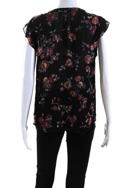 Joie Women's V-Neck Cap Sleeves Floral Silk Dressy Blouse Black Size XS