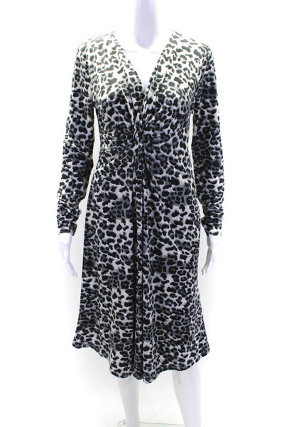 Elie Tahari Womens Leopard Print Jersey Knotted Slit Sheath Dress Gray Small