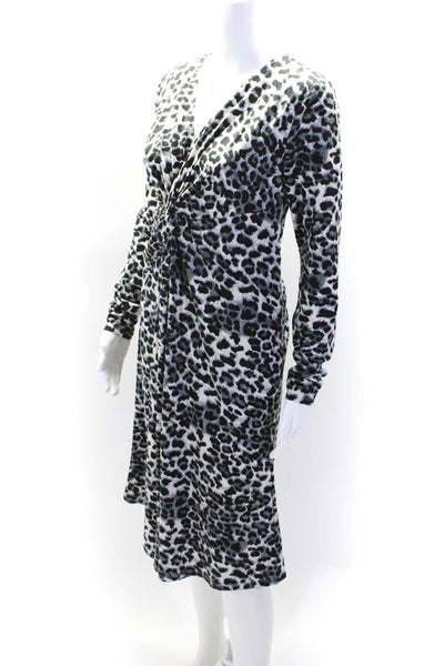 Elie Tahari Womens Leopard Print Jersey Knotted Slit Sheath Dress Gray Small