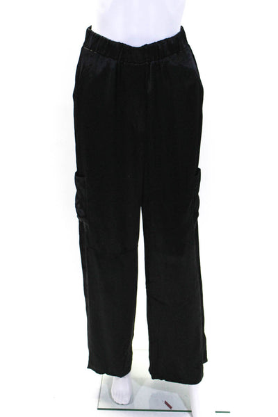 Central Park West Womens Satin Elastic Waist Wide Leg Cargo Pants Black Size XS