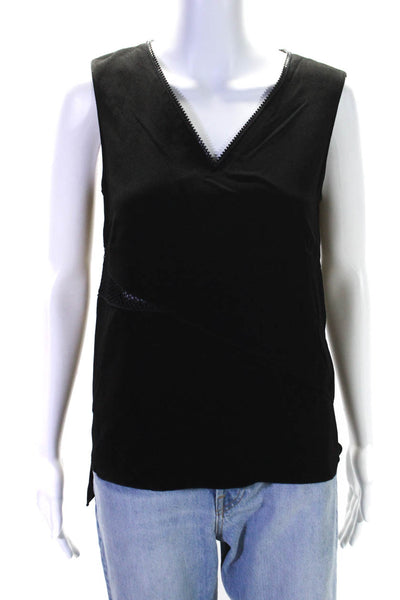 Elie Tahari Womens Sleeveless Zipper V Neck Mesh Trim Top Black Size Small