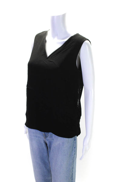 Elie Tahari Womens Sleeveless Zipper V Neck Mesh Trim Top Black Size Small