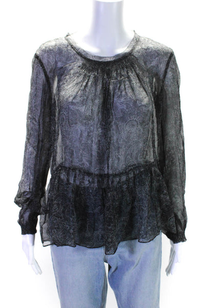 Elie Tahari Womens Long Sleeve Round Neck Floral Silk Top Gray Black Size Small