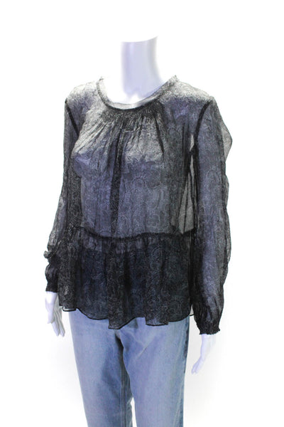 Elie Tahari Womens Long Sleeve Round Neck Floral Silk Top Gray Black Size Small