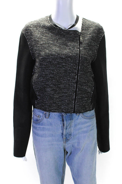 Elie Tahari Womens Front Zip Crew Neck Neoprene Trim Jacket Black Wool Size 4