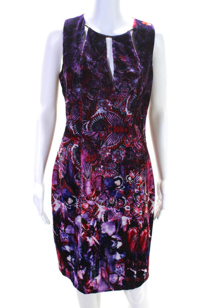 T Tahari Womens Back Zip Keyhole Floral Velvet Sheath Dress Purple Red Size 6