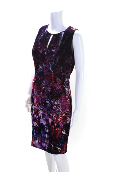 T Tahari Womens Back Zip Keyhole Floral Velvet Sheath Dress Purple Red Size 6