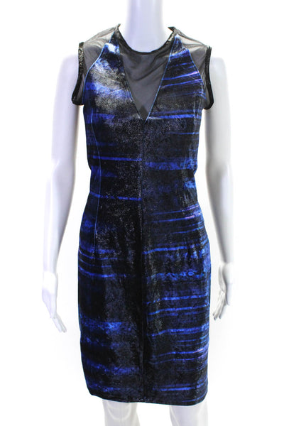 Designer Womens Back Zip Mesh Trim Shimmer Velvet Sheath Dress Black Blue Small