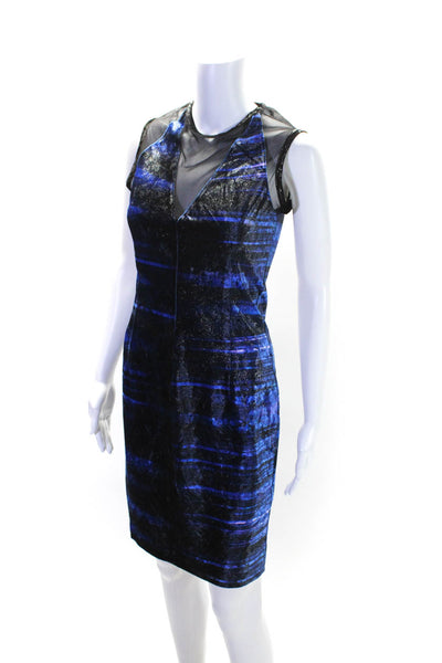 Designer Womens Back Zip Mesh Trim Shimmer Velvet Sheath Dress Black Blue Small