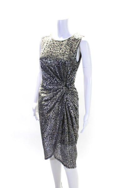 T Tahari Womens Sleeveless Metallic Leopard Print Knotted Dress Silver Small