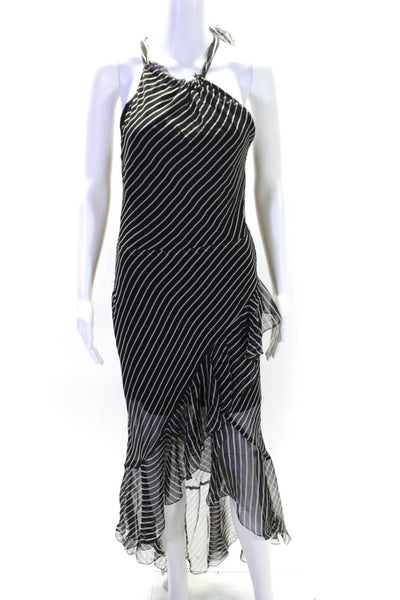 Designer Womens Back Zip Sleeveless V Neck Silk Striped Midi Black White Small