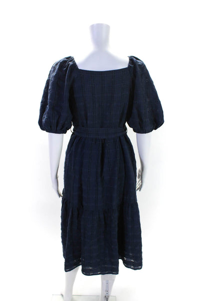 Moon River Womens Checkered Print Bishop Sleeve Midi A-Line Dress Blue Size XS