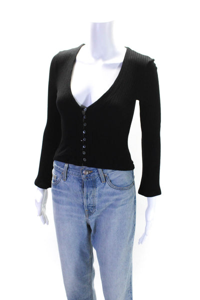 Reformation Women's V-Neck Ribbed Long Sleeves Cropped Blouse Black Size S