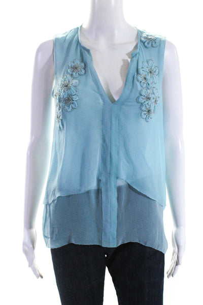 Elie Tahari Womens Sleeveless V Neck Floral Beaded Silk Top Blue Size Small