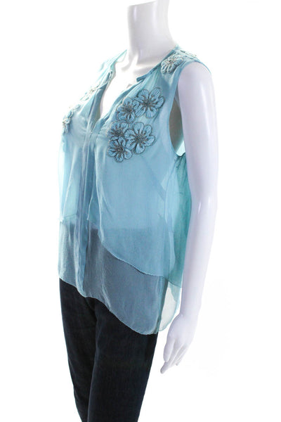 Elie Tahari Womens Sleeveless V Neck Floral Beaded Silk Top Blue Size Small