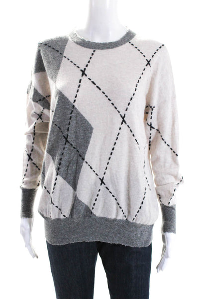 Autumn Cashmere Womens Cashmere Knit Argyle Print Crewneck Sweater Gray Size S