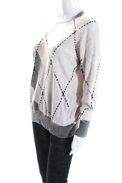 Autumn Cashmere Womens Cashmere Knit Argyle Print Crewneck Sweater Gray Size S