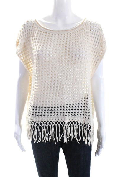 Elie Tahari Womens Wool Open Knit Fringe Hem Sleeveless Top Cream Beige Size XS