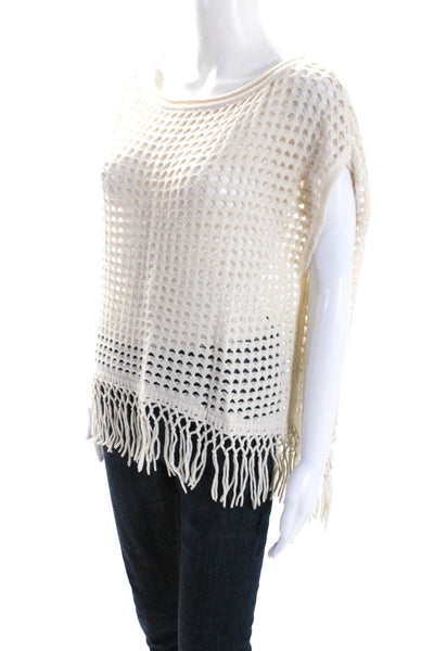 Elie Tahari Womens Wool Open Knit Fringe Hem Sleeveless Top Cream Beige Size XS