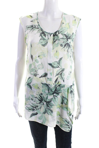 St. John Womens Asymmetrical Floral Sleeveless Top Blouse White Green Medium