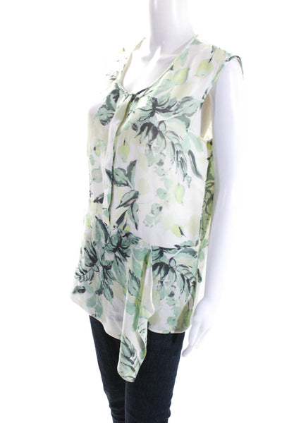 St. John Womens Asymmetrical Floral Sleeveless Top Blouse White Green Medium