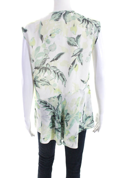 St. John Womens Asymmetrical Floral Sleeveless Top Blouse White Green Medium