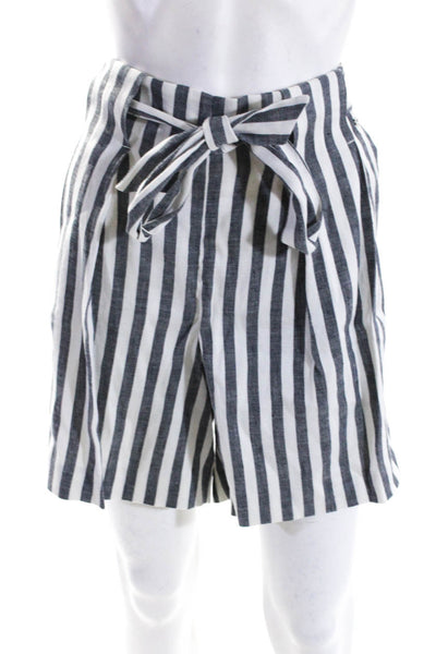 St. John Womens Mid Rise Elastic Waist Striped Shorts White Black Linen Large