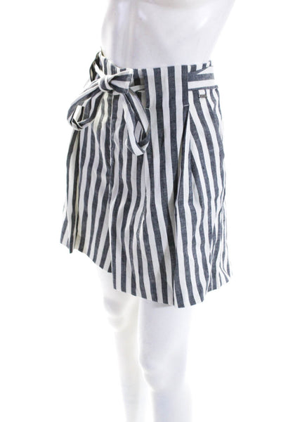 St. John Womens Mid Rise Elastic Waist Striped Shorts White Black Linen Large