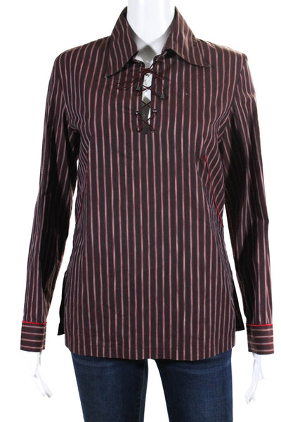 Cop Copine Womens Maroon Striped V-Neck Lace Up Long Sleeve Blouse Top Size 40